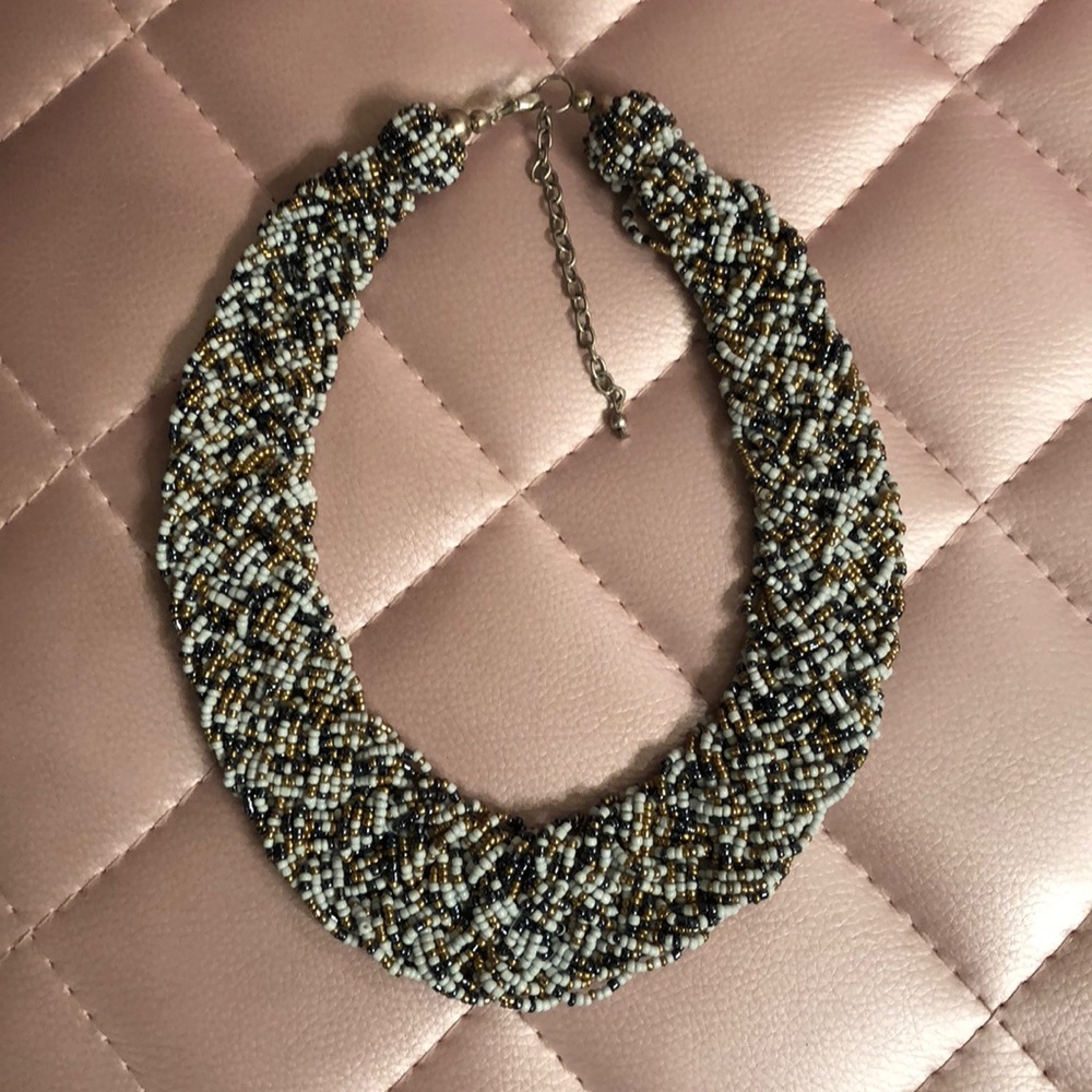 Blue and gold beaded choker necklace